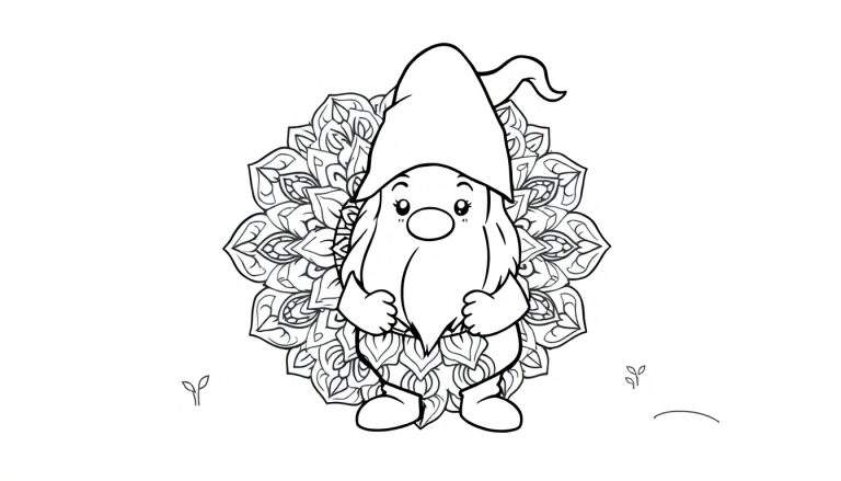 Kleurplaat van een gnome met een puntmuts en baard voor een mandala achtergrond, met kleine plantjes aan de zijkanten.