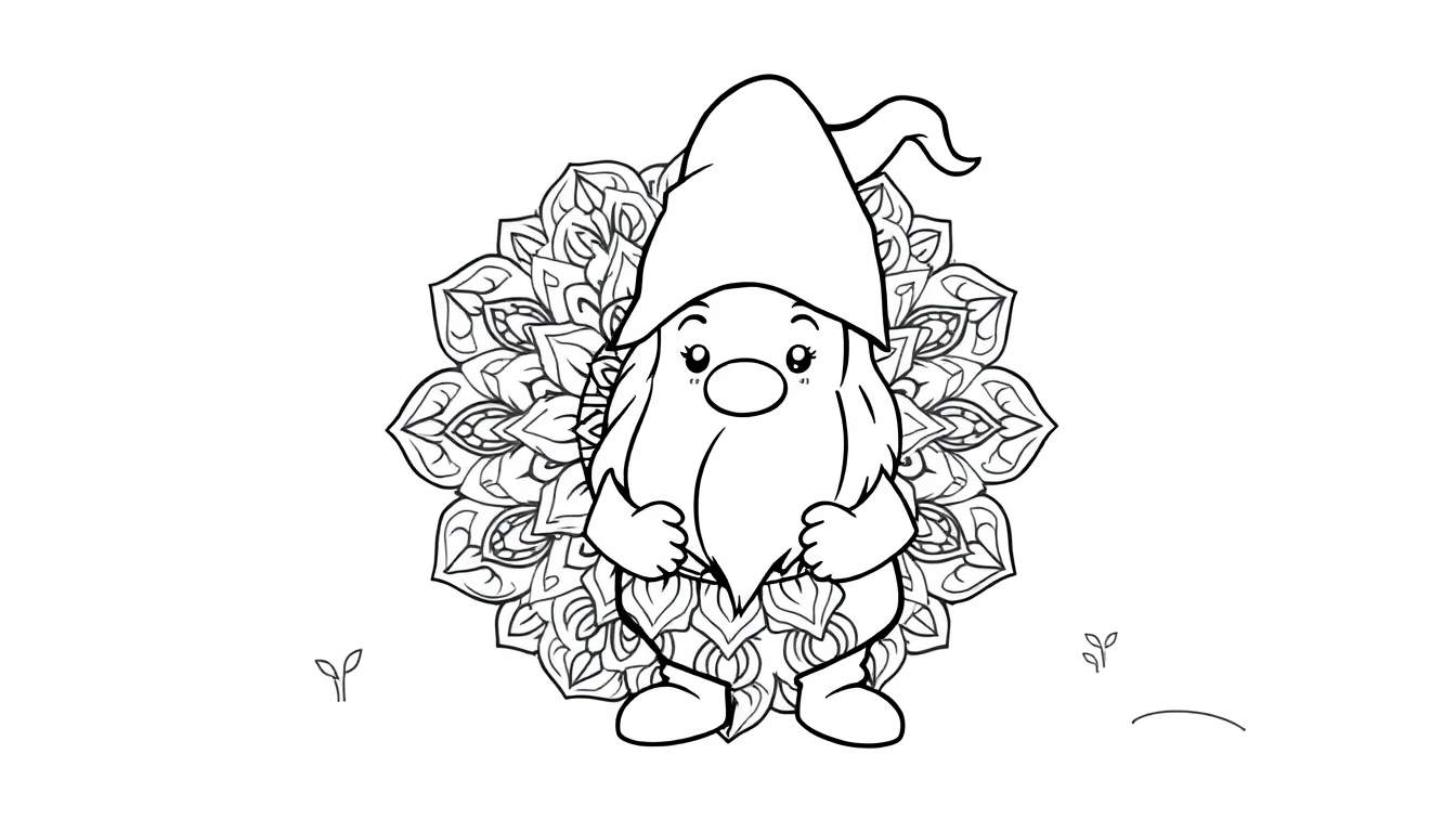 Kleurplaat van een gnome met een puntmuts en baard voor een mandala achtergrond, met kleine plantjes aan de zijkanten.
