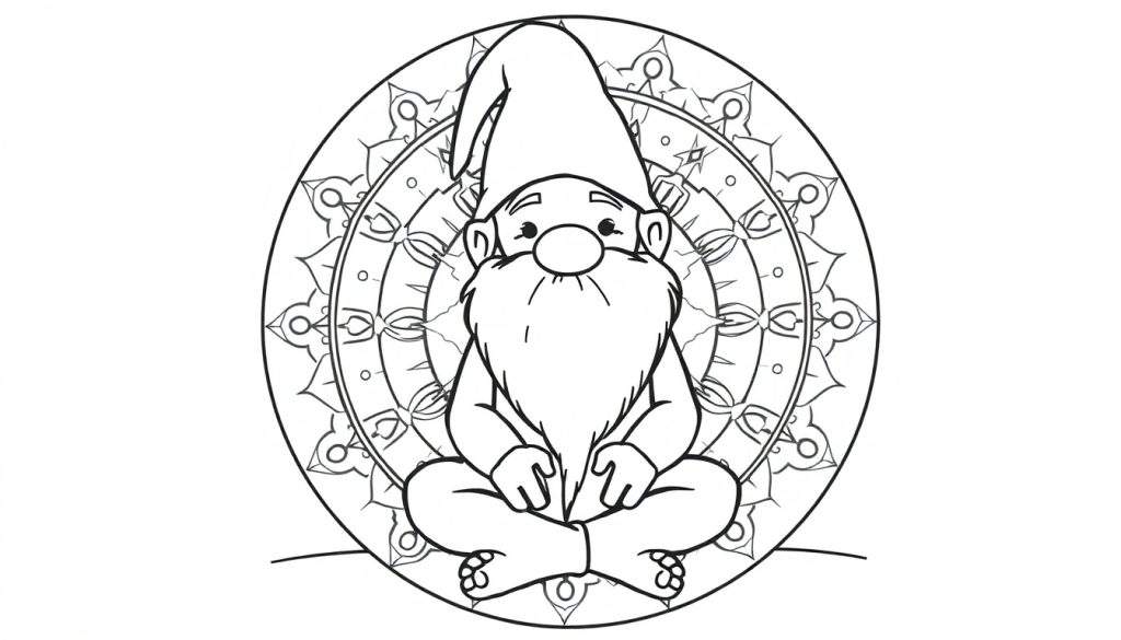 Kleurplaat van een gnome met lange baard en puntmuts die mediteert in een cirkelvormig, symmetrisch mandala patroon.