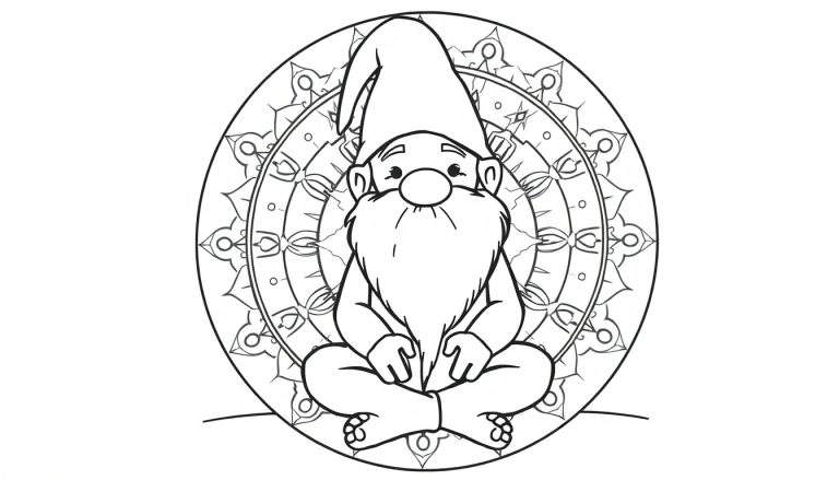 Kleurplaat van een gnome met lange baard en puntmuts die mediteert in een cirkelvormig, symmetrisch mandala patroon.