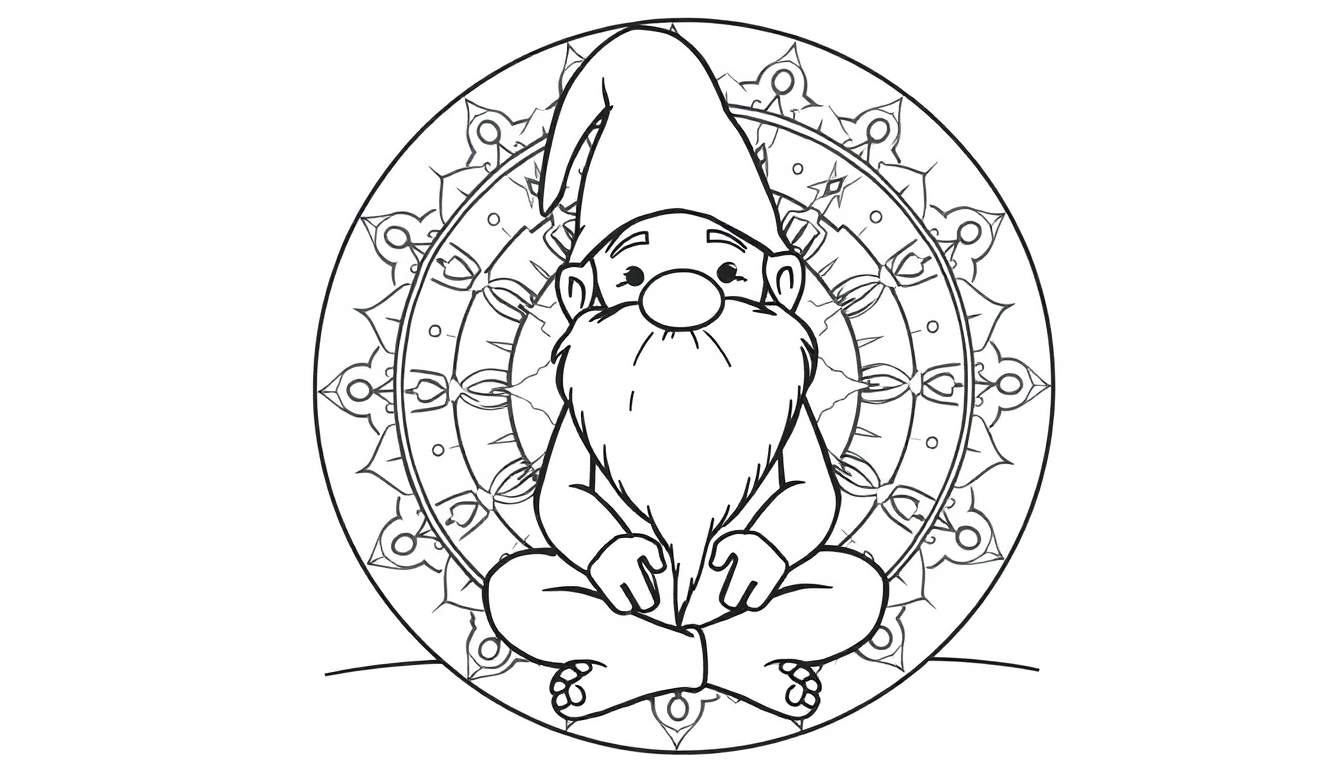 Kleurplaat van een gnome met lange baard en puntmuts die mediteert in een cirkelvormig, symmetrisch mandala patroon.
