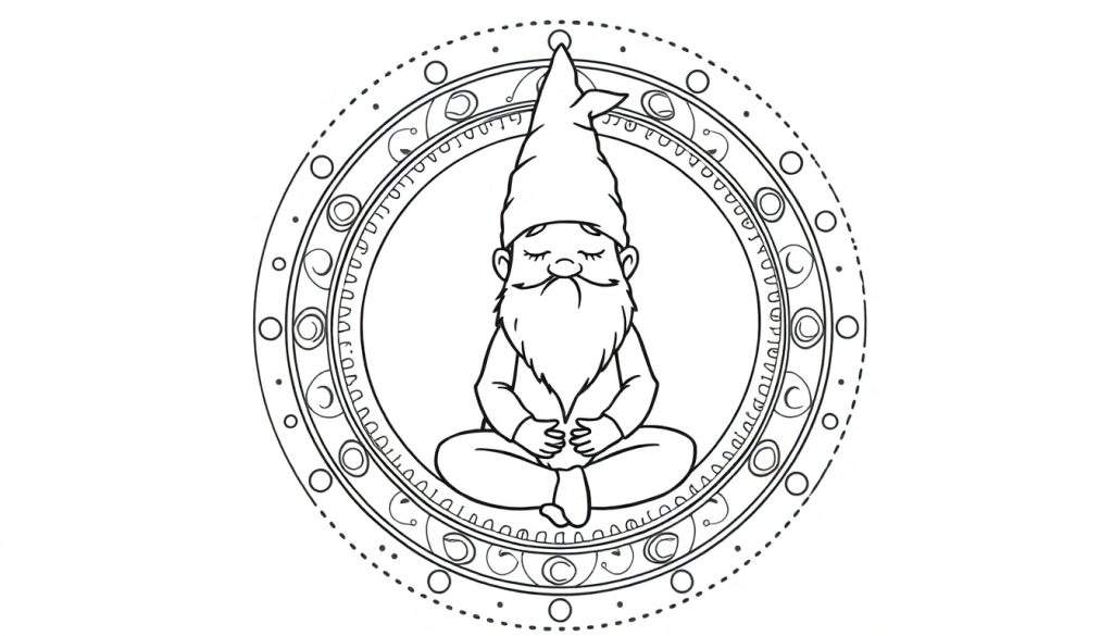 Zwart-witte kleurplaat van een gnome in meditatiehouding, omringd door een gedetailleerde mandala.