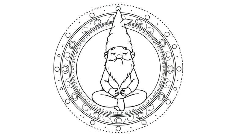 Zwart-witte kleurplaat van een gnome in meditatiehouding, omringd door een gedetailleerde mandala.