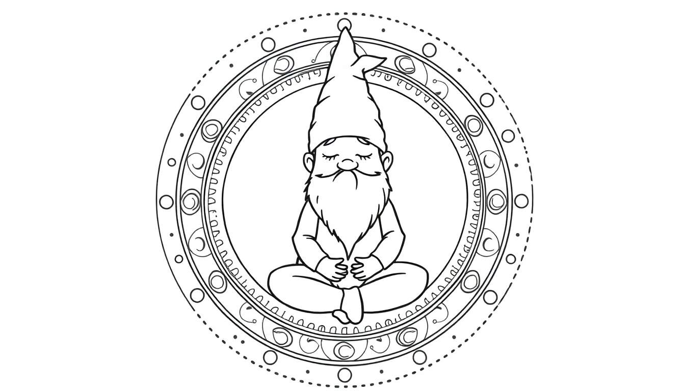 Zwart-witte kleurplaat van een gnome in meditatiehouding, omringd door een gedetailleerde mandala.
