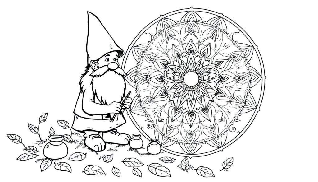 Kleurplaat van een gnome die een complexe mandala tekent in een tuinomgeving, met verfpotjes en blaadjes.