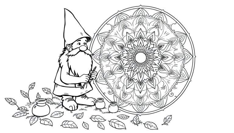 Kleurplaat van een gnome die een complexe mandala tekent in een tuinomgeving, met verfpotjes en blaadjes.