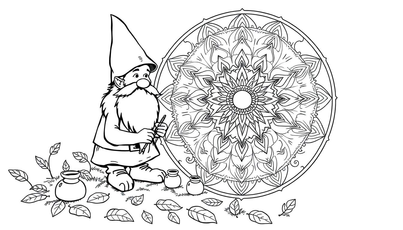 Kleurplaat van een gnome die een complexe mandala tekent in een tuinomgeving, met verfpotjes en blaadjes.