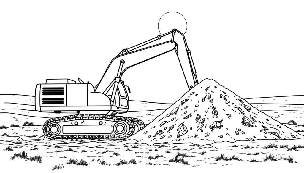 Kleurplaat van een gele Volvo graafmachine die graaft in een hoop aarde, met gras op de voorgrond en een zonnetje in de lucht.