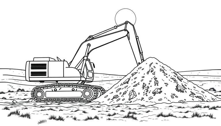 Kleurplaat van een gele Volvo graafmachine die graaft in een hoop aarde, met gras op de voorgrond en een zonnetje in de lucht.