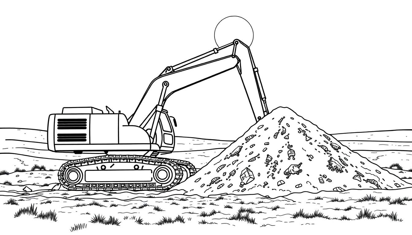Kleurplaat van een gele Volvo graafmachine die graaft in een hoop aarde, met gras op de voorgrond en een zonnetje in de lucht.
