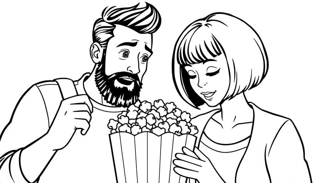 Kleurplaat van een man met baard en kuif die stiekem popcorn steelt uit de bak van een vrouw met bob kapsel.