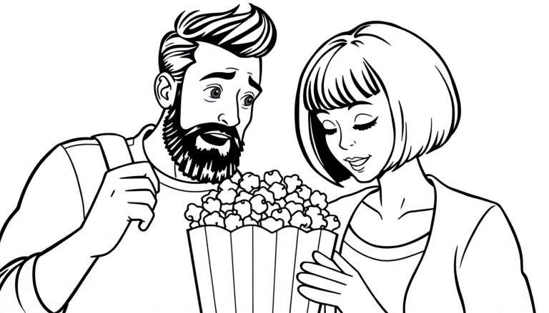 Kleurplaat van een man met baard en kuif die stiekem popcorn steelt uit de bak van een vrouw met bob kapsel.