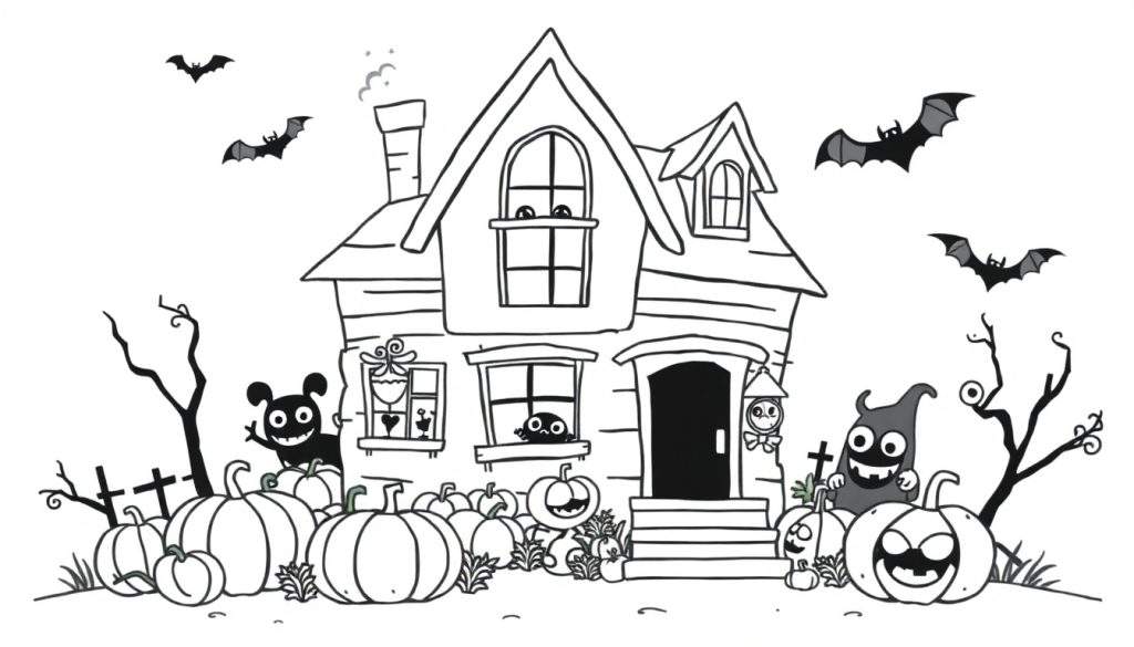 Kleurplaat van een scheefstaand, oud huis met pompoenen, vriendelijke monsters en vleermuizen, ideaal voor Halloween.