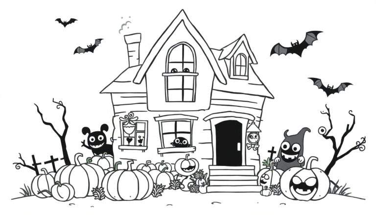 Kleurplaat van een scheefstaand, oud huis met pompoenen, vriendelijke monsters en vleermuizen, ideaal voor Halloween.