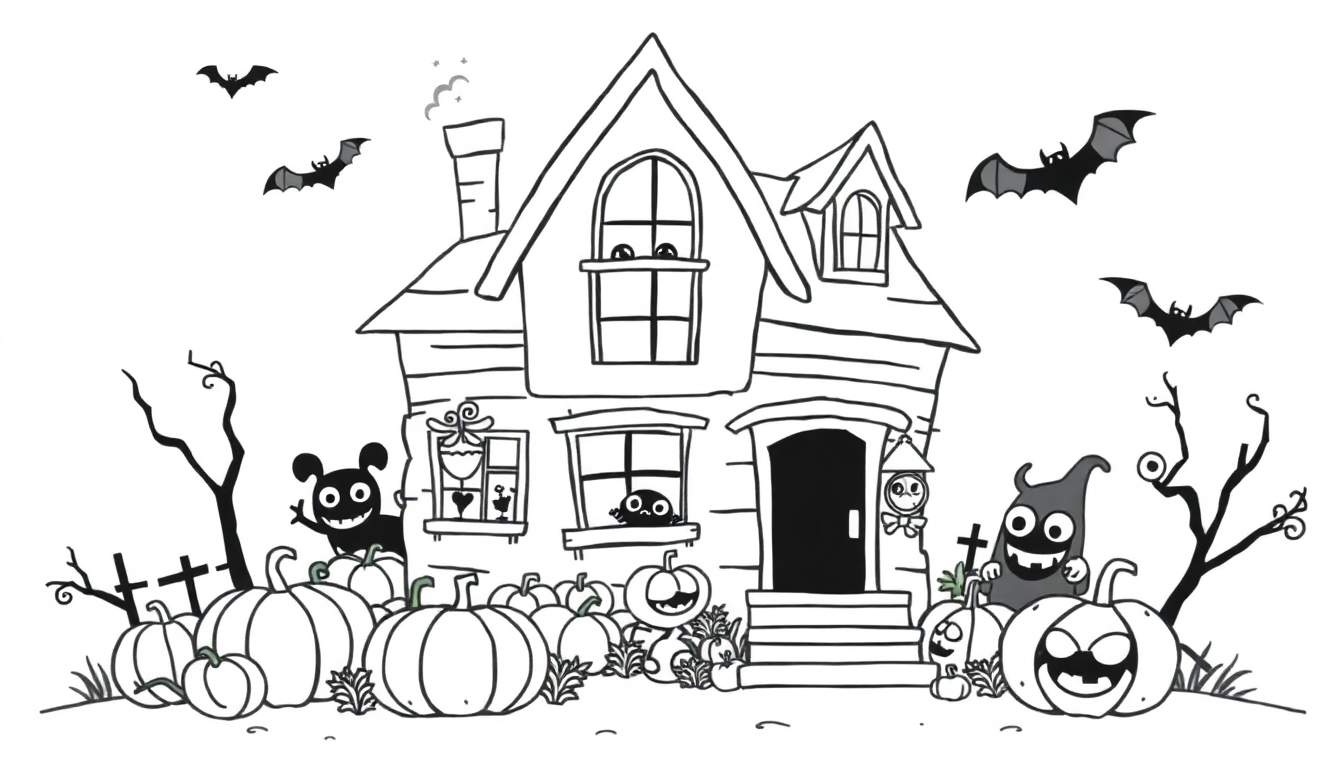 Kleurplaat van een scheefstaand, oud huis met pompoenen, vriendelijke monsters en vleermuizen, ideaal voor Halloween.
