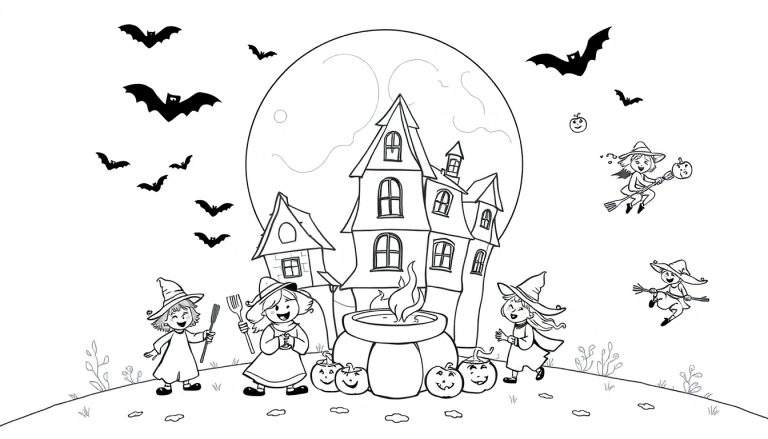 Kleurplaat van een enge scène met een hoog, scheef spookhuis, een grote volle maan, vleermuizen in de lucht, twee heksen bij een grote ketel met vuur en pompoenen, en twee heksen op bezems vliegend.
