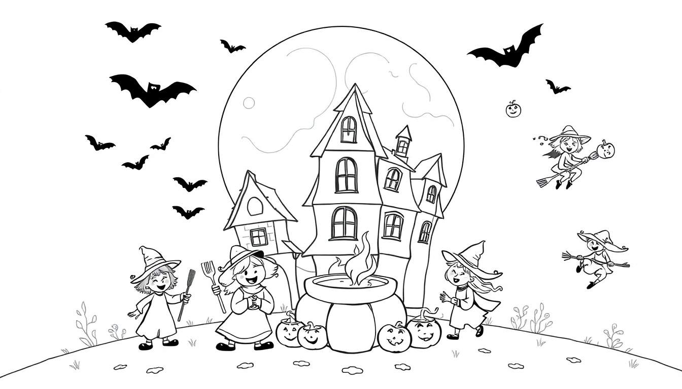 Kleurplaat van een enge scène met een hoog, scheef spookhuis, een grote volle maan, vleermuizen in de lucht, twee heksen bij een grote ketel met vuur en pompoenen, en twee heksen op bezems vliegend.