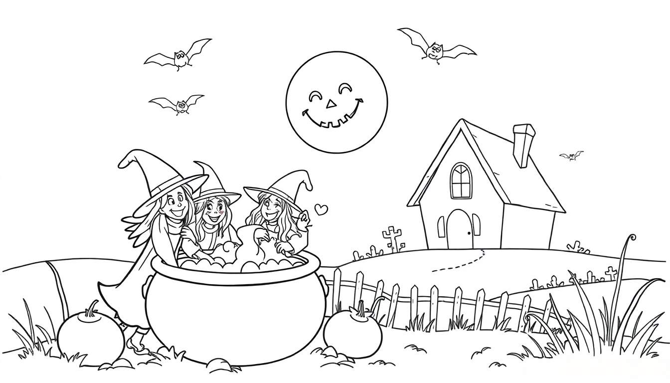 Kleurplaat van drie heksen die in een grote ketel roeren tijdens Halloween, met een volle maan, vleermuizen, een spookhuis en pompoenen op de achtergrond.