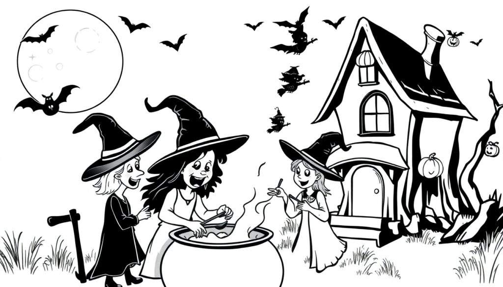Zwart-wit kleurplaat van Halloween met drie heksen bij een grote ketel, een spookhuis, vleermuizen, een volle maan en pompoenen.