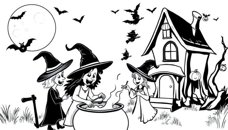 Zwart-wit kleurplaat van Halloween met drie heksen bij een grote ketel, een spookhuis, vleermuizen, een volle maan en pompoenen.