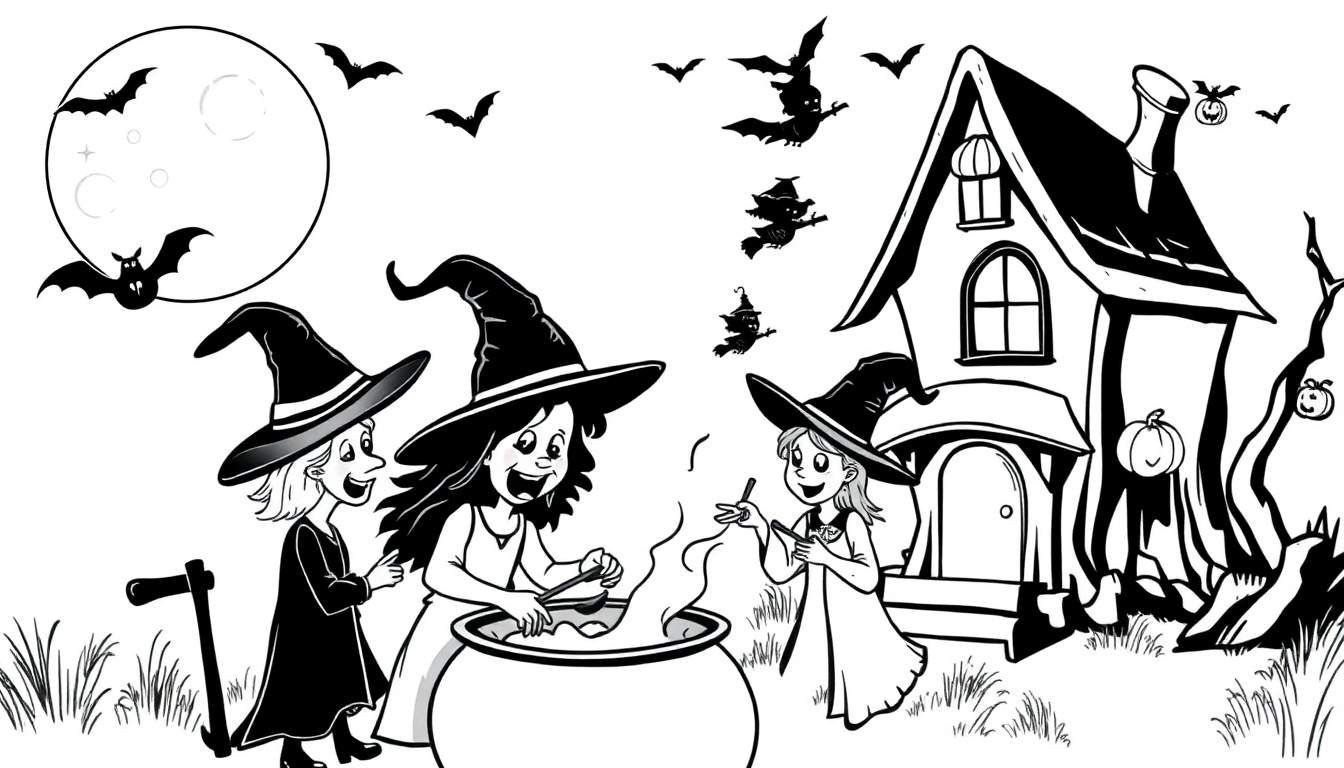 Zwart-wit kleurplaat van Halloween met drie heksen bij een grote ketel, een spookhuis, vleermuizen, een volle maan en pompoenen.