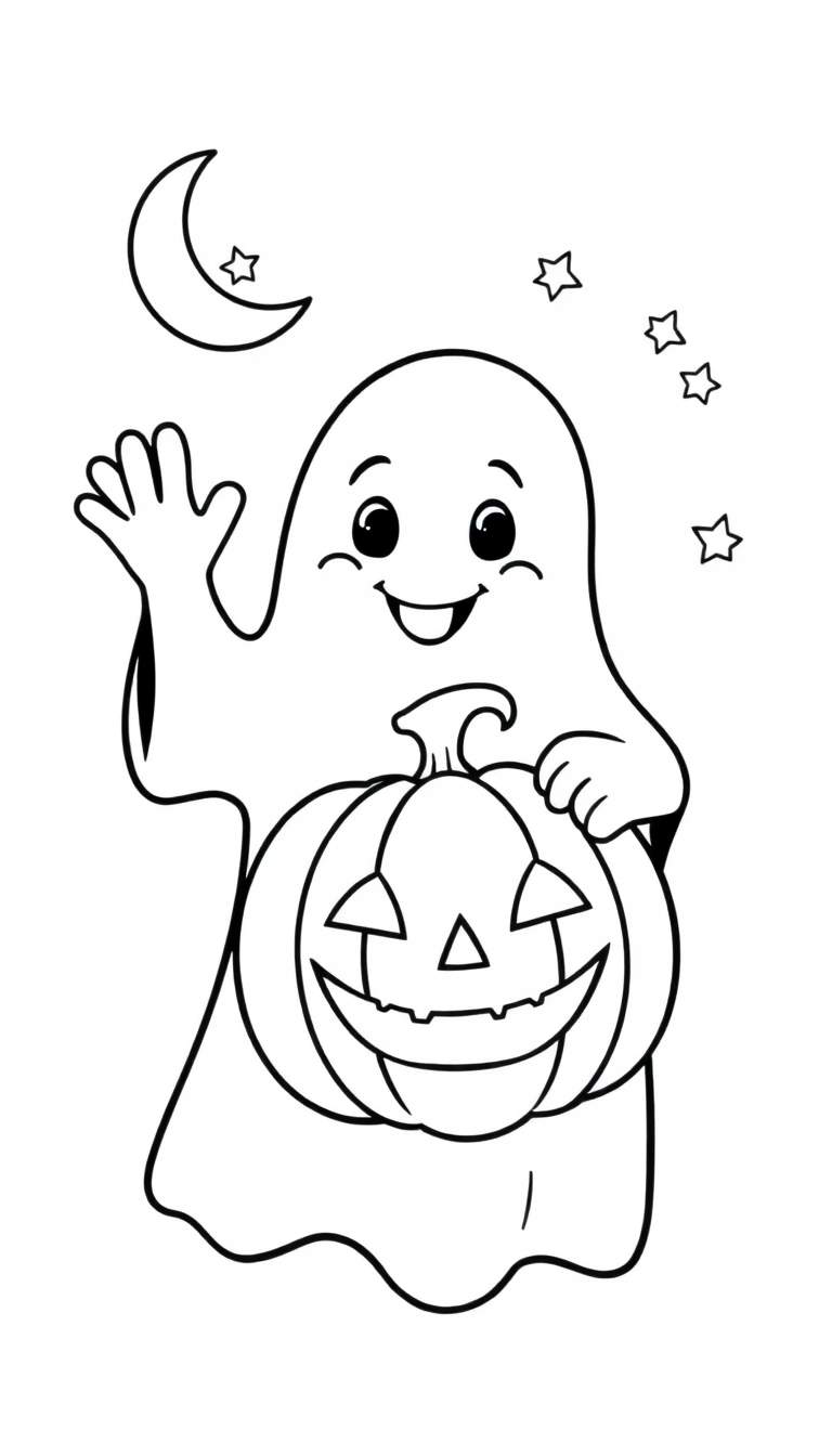 Kleurplaat van een lachende geest met een pompoen, onder een halve maan met sterren, voor Halloween.