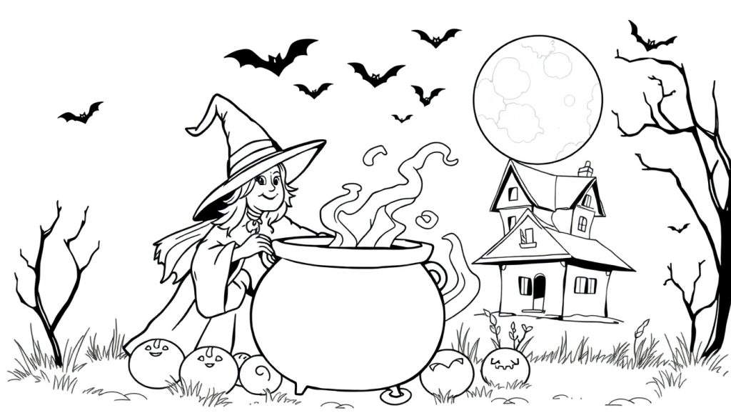 Kleurplaat van een heks die in een grote ketel roert, met een spookhuis en volle maan op de achtergrond.