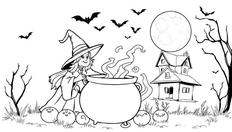 Kleurplaat van een heks die in een grote ketel roert, met een spookhuis en volle maan op de achtergrond.