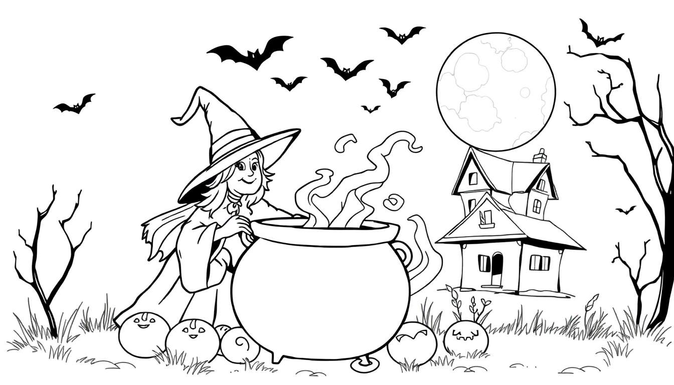 Kleurplaat van een heks die in een grote ketel roert, met een spookhuis en volle maan op de achtergrond.
