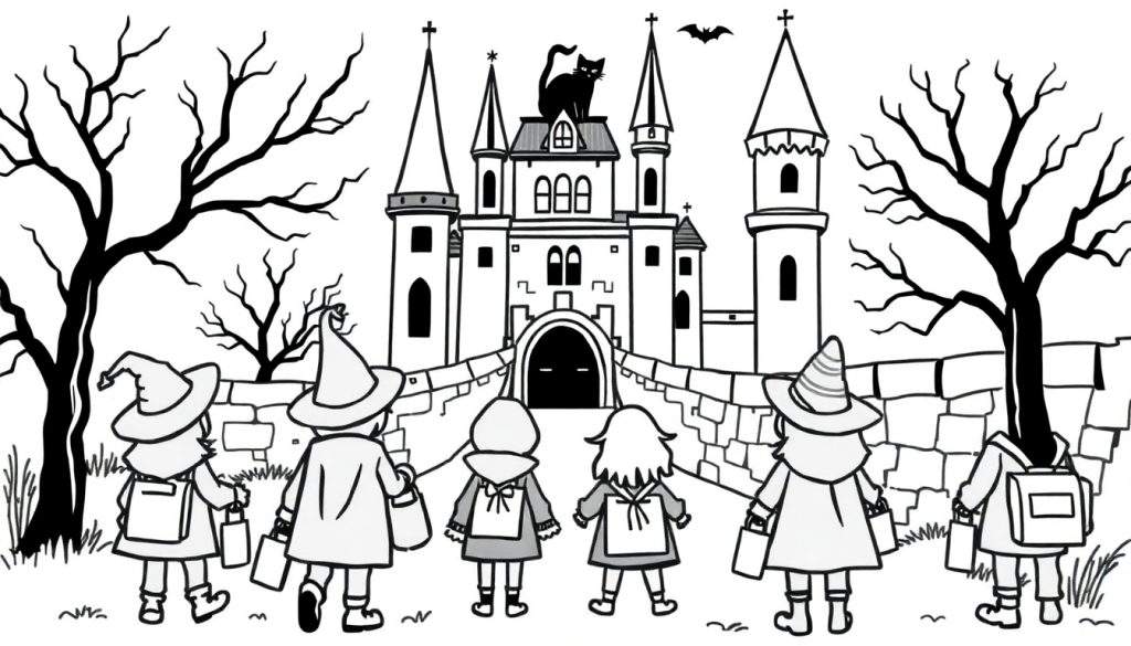 Zwart-wit kleurplaat van een Halloween kasteel met kinderen, een zwarte kat, vleermuizen en spookachtige bomen.