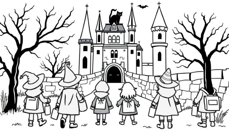 Zwart-wit kleurplaat van een Halloween kasteel met kinderen, een zwarte kat, vleermuizen en spookachtige bomen.