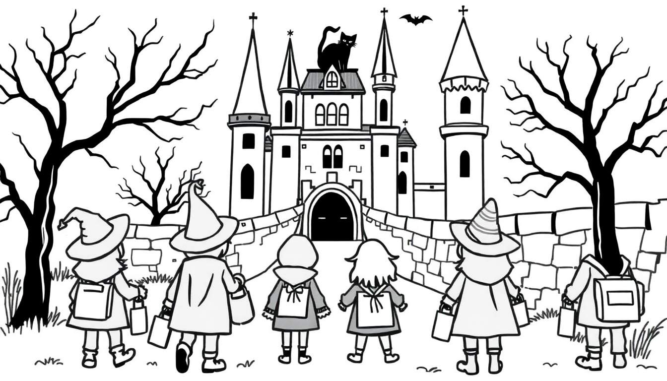 Zwart-wit kleurplaat van een Halloween kasteel met kinderen, een zwarte kat, vleermuizen en spookachtige bomen.