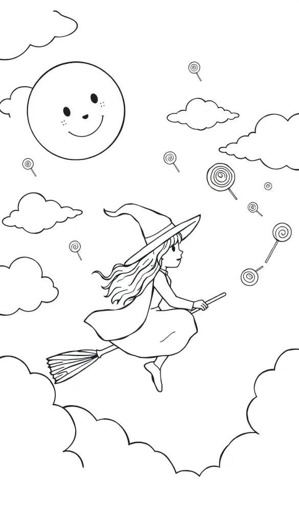 Zwart-wit tekening van een lachende heks op een bezem die vliegt door een hemel met wolken, lolly's en een smiley maan, klaar om ingekleurd te worden.