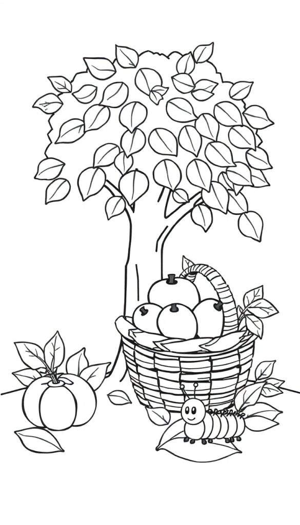 Kleurplaat van een herfsttafereel met een boom, fruitmand, rupsje en bladeren.
