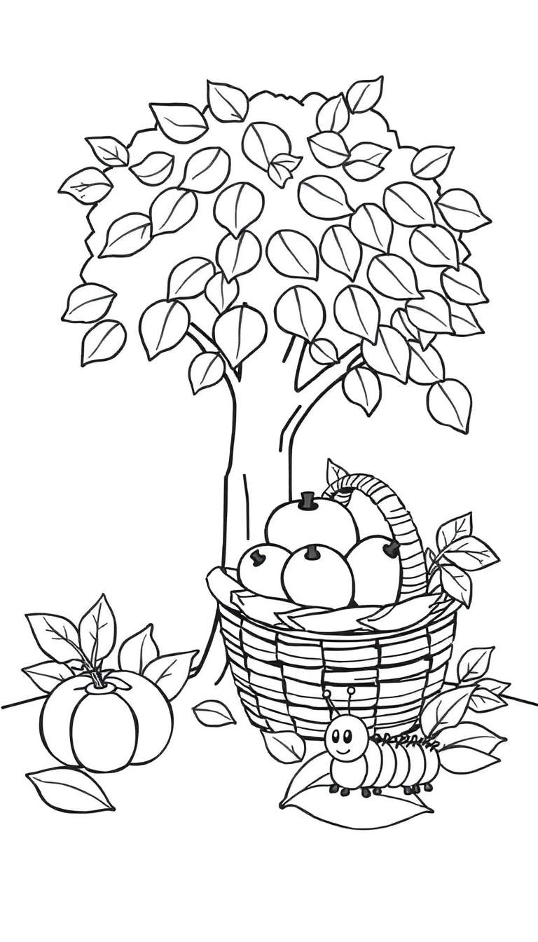 Kleurplaat van een herfsttafereel met een boom, fruitmand, rupsje en bladeren.