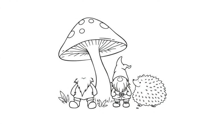 Kleurplaat van een grote paddenstoel met twee kabouters en een egel onder de hoed, met grassprieten op de grond.