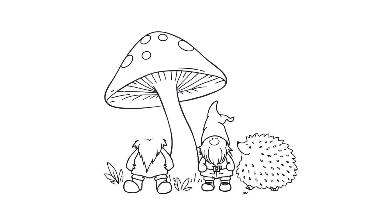 Kleurplaat van een grote paddenstoel met twee kabouters en een egel onder de hoed, met grassprieten op de grond.