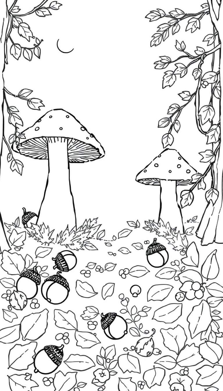 Kleurplaat van een magisch herfsttafereel met paddenstoelen, eikels, bladeren, takken, bloemetjes, bessen en een halve maan.