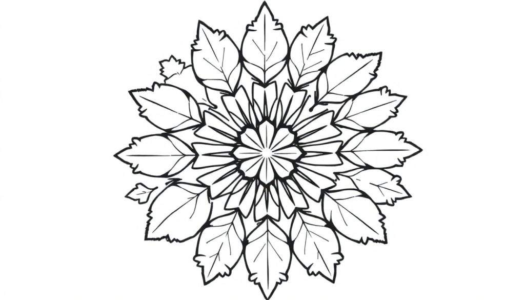 Kleurplaat van een herfst mandala met symmetrische bladvormige patronen en een centraal bloemachtig patroon.