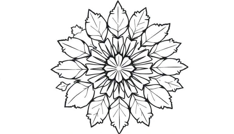Kleurplaat van een herfst mandala met symmetrische bladvormige patronen en een centraal bloemachtig patroon.