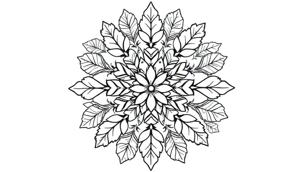 Kleurplaat van een herfst mandala met bladeren en een bloem in het midden, zwart-wit, symmetrisch patroon.