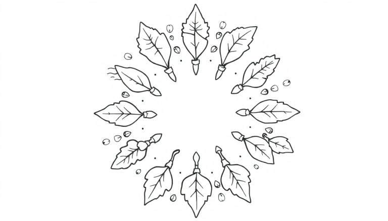 Kleurplaat van een herfst mandala met lijnenpatronen van bladeren en kleine bolletjes.