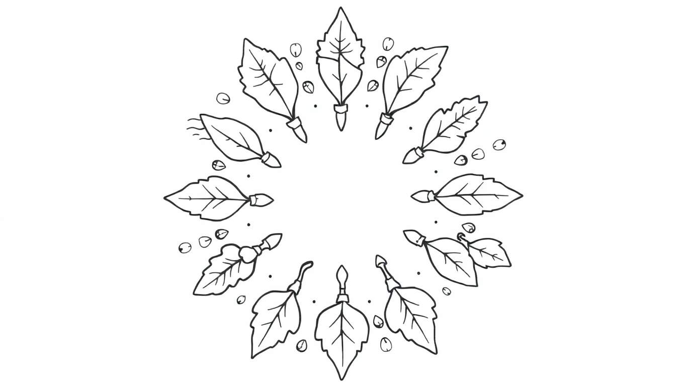 Kleurplaat van een herfst mandala met lijnenpatronen van bladeren en kleine bolletjes.