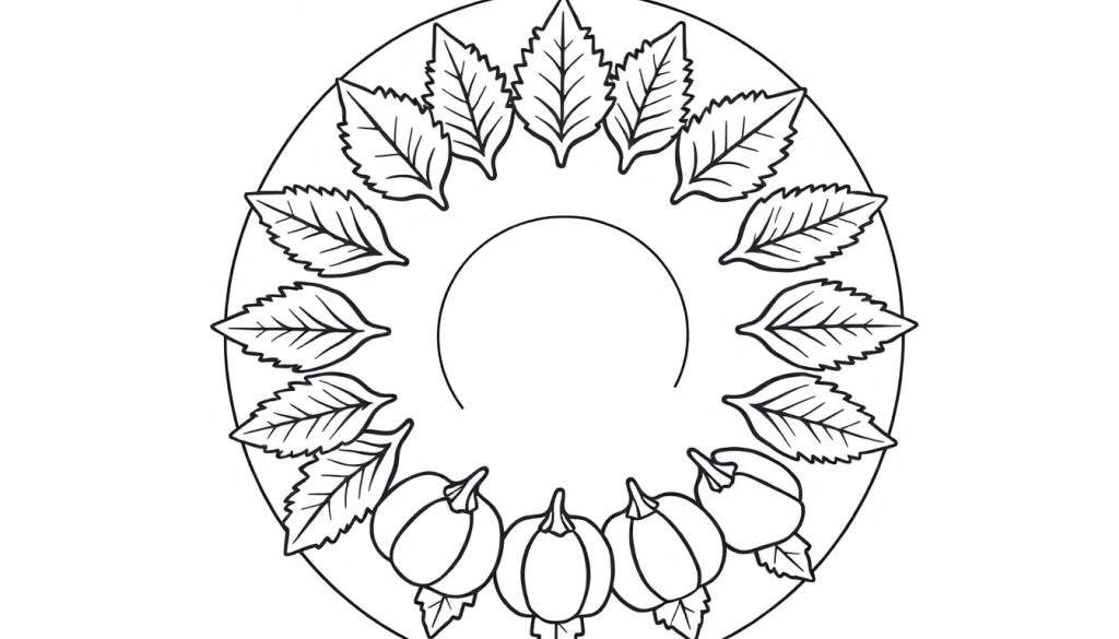 Cirkelvormige herfstmandala kleurplaat met bladeren en pompoenen.