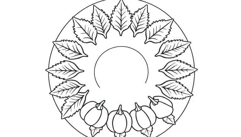 Cirkelvormige herfstmandala kleurplaat met bladeren en pompoenen.