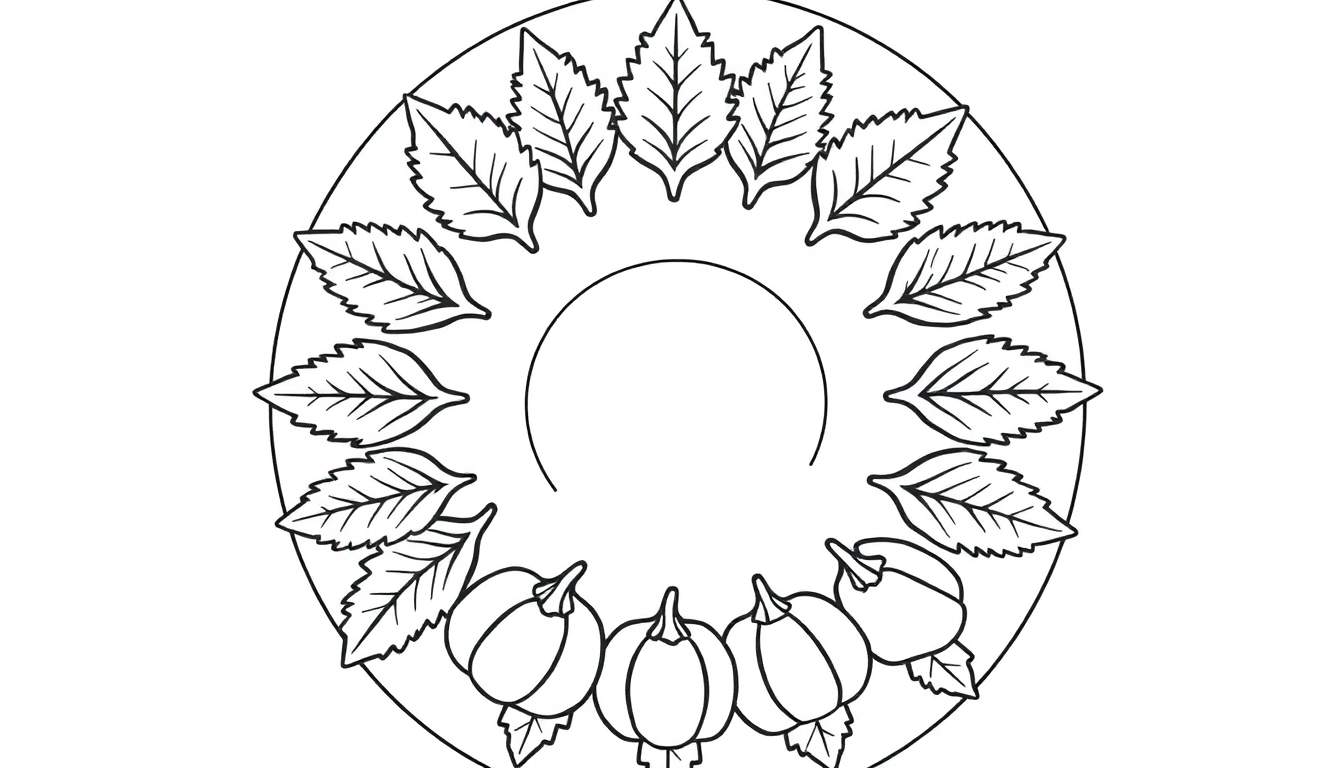 Cirkelvormige herfstmandala kleurplaat met bladeren en pompoenen.