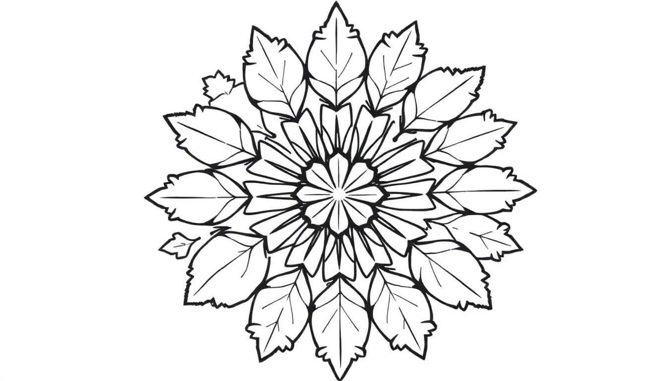 Kleurplaat van een herfst mandala met symmetrische bladvormige patronen en een centraal bloemachtig patroon.