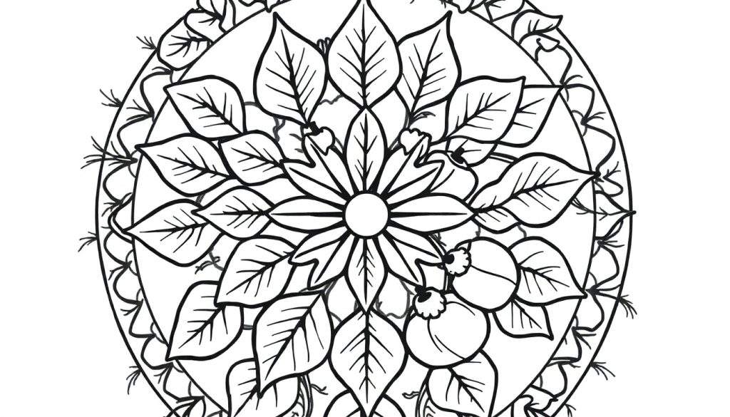 Zwart-wit kleurplaat van een herfst mandala met een bloem in het midden, bloemblaadjes, bladeren, besjes en een decoratieve rand.
