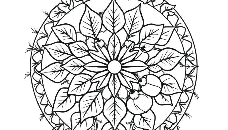 Zwart-wit kleurplaat van een herfst mandala met een bloem in het midden, bloemblaadjes, bladeren, besjes en een decoratieve rand.