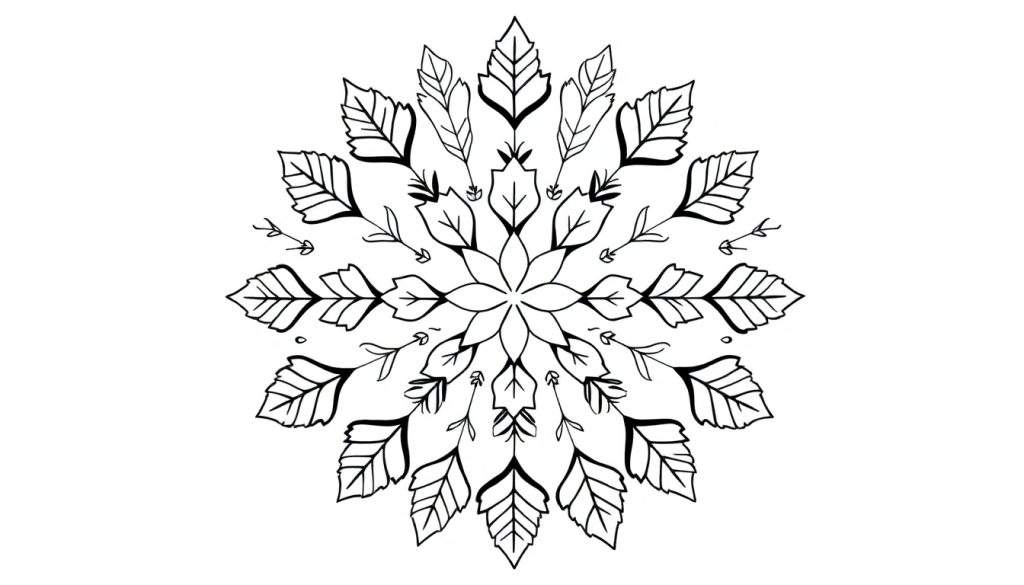 Zwart-wit tekening van een herfstmandala met bladvormige patronen en fijne details.